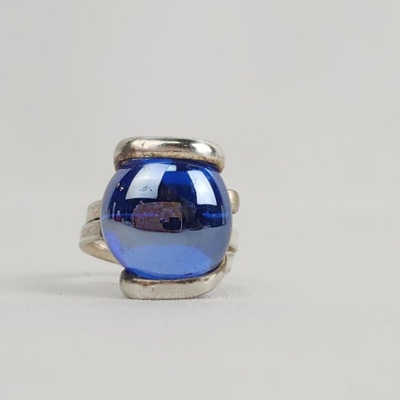 Silver Blue Glass Wire Wrap Ring Size 7 - Picture 2 of 7